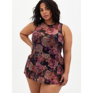 Torrid Rose Floral Underwire Short Mesh Overlay Swim Dress Sz 3X D/DD